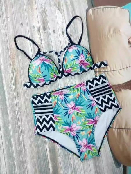 Push Up Flower Print High Waist Bikini Set